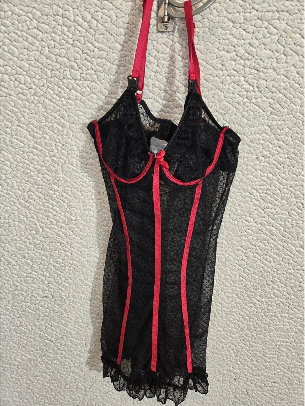 fredericks of hollywood lace Corset Bodysuit Mesh Black/red Trim Vtg 90sY2k Sm